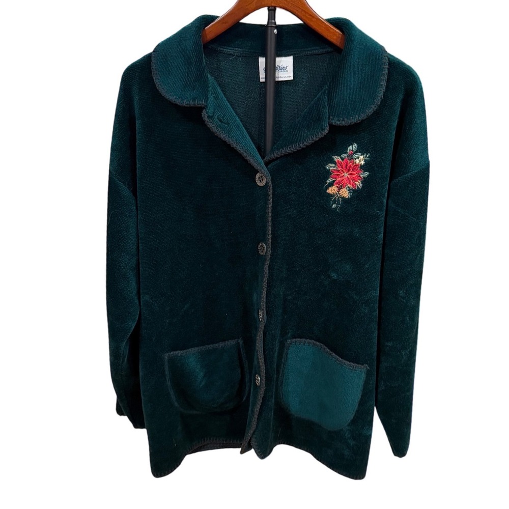VTG Artisans Sunschein Designs Poinsettia Christmas Cardigan‎ USA Grannycore XL